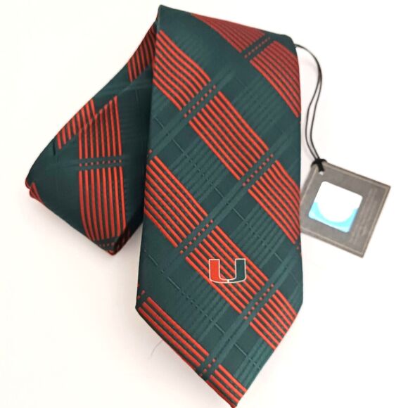 NWT Univ of Miami Woven Plaid Tie Eagles Wings Green/Orange 4" - Picture 8 of 8